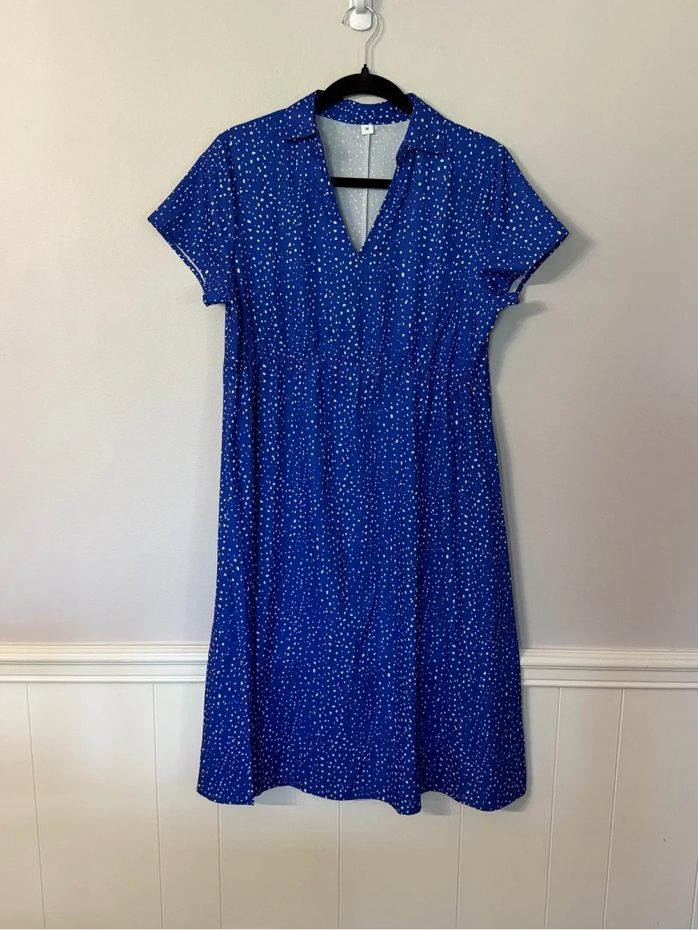 Women’s Royal Blue White Polka Dot V-Neck Short Sleeve Dress Unbranded Sz M GUC